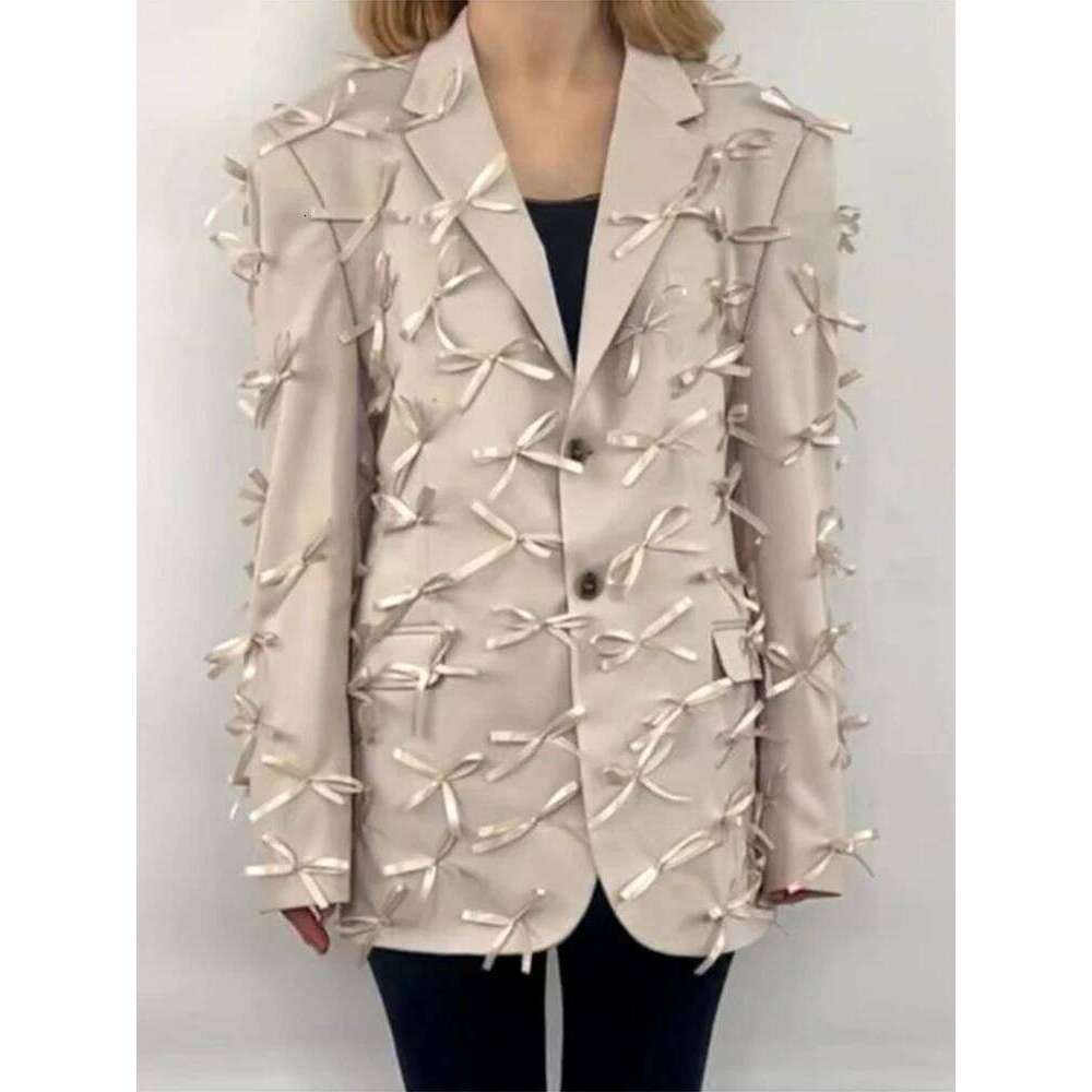 TWOTWINSTYLE Solid Elegant Patchwork Bowknot Blazer For Women Notched Collar Long Sleeve Spliced Button Loose Blazers Female New