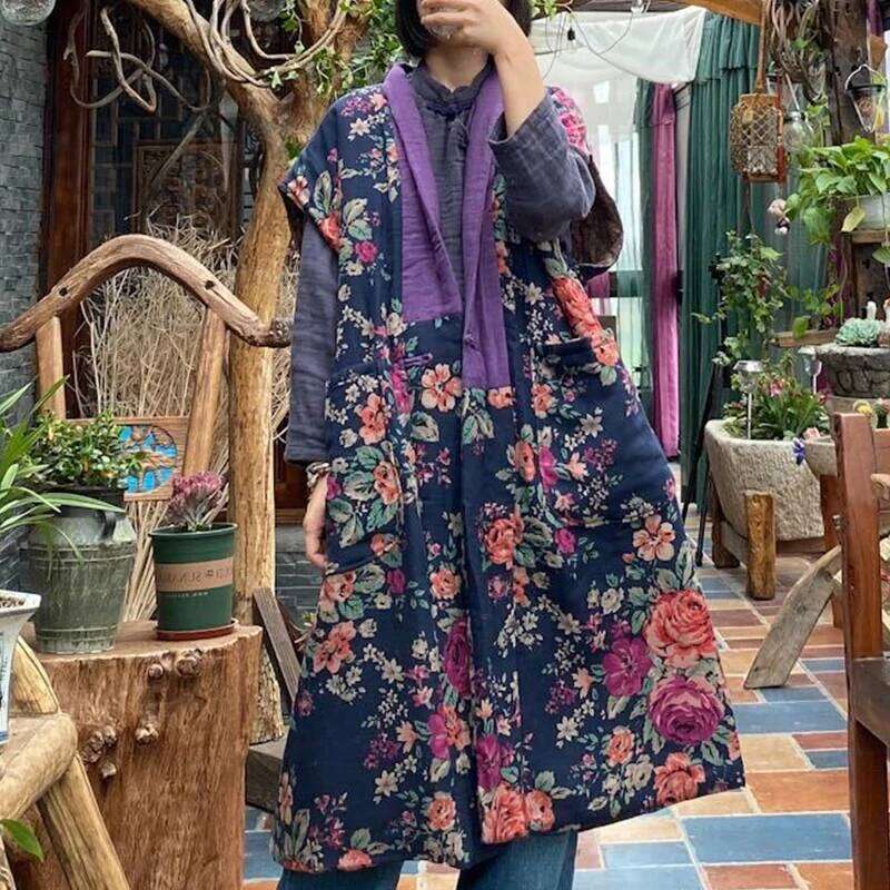 Johnature Women Cotton Print Floral Long 2024 Winter Vintage Coats Chinese Style Sleeveless V-Neck Patchwork Pocket Vests