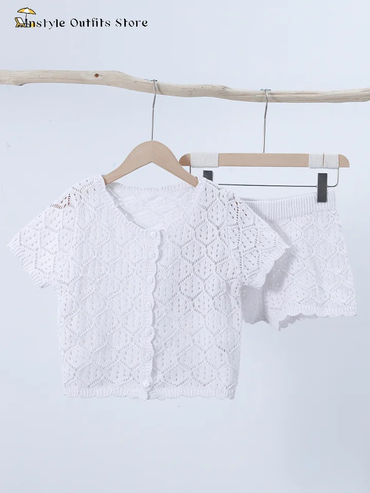 Knitted Hollow Out Shorts Set Women Buttons O-neck Short Sleeve Cardigan Above Knee Pants Sets Holiday Beach Suit Spring Summer 250614