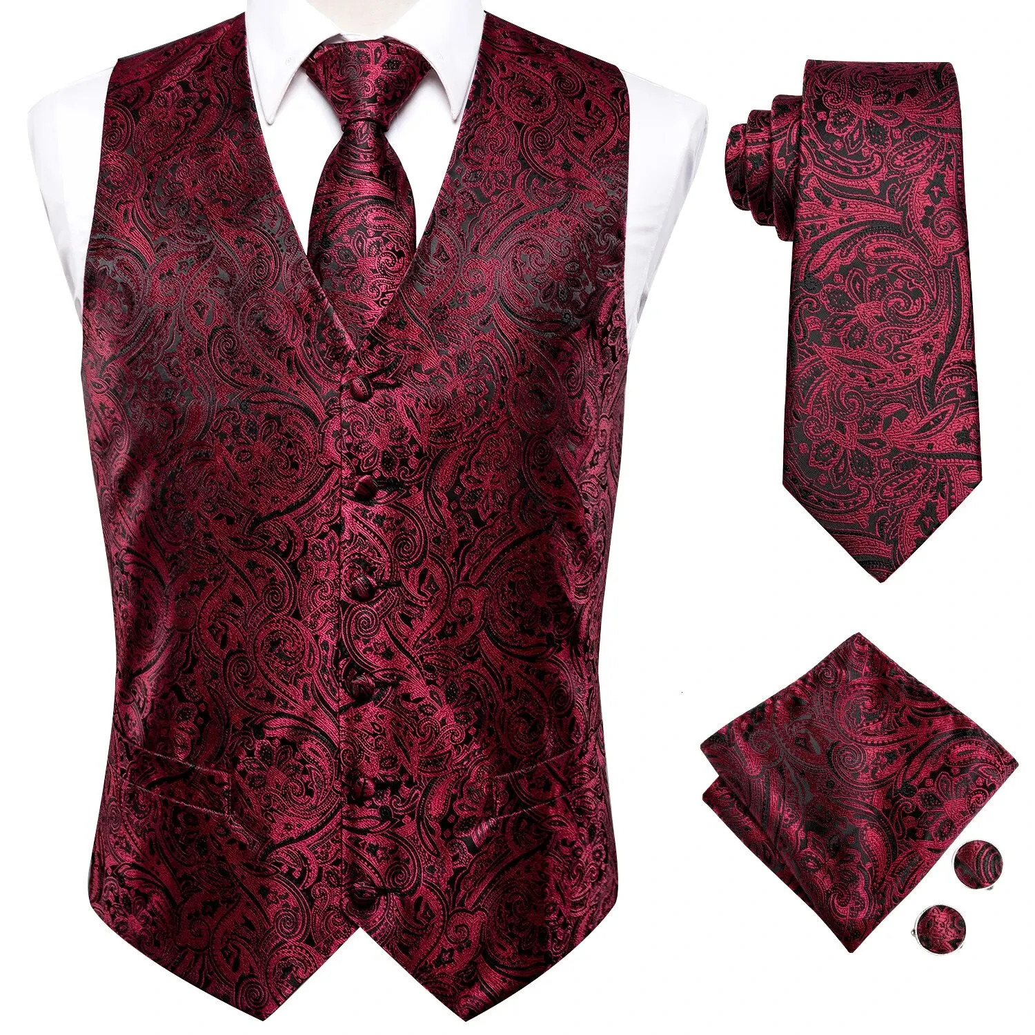 Hi-Tie 4PC Silk Mens Vest With Tie Hanky Cufflink Business Formal Dress Slim Sleeveless Jacket Burgundy Paisley Suit Waistcoat 250614