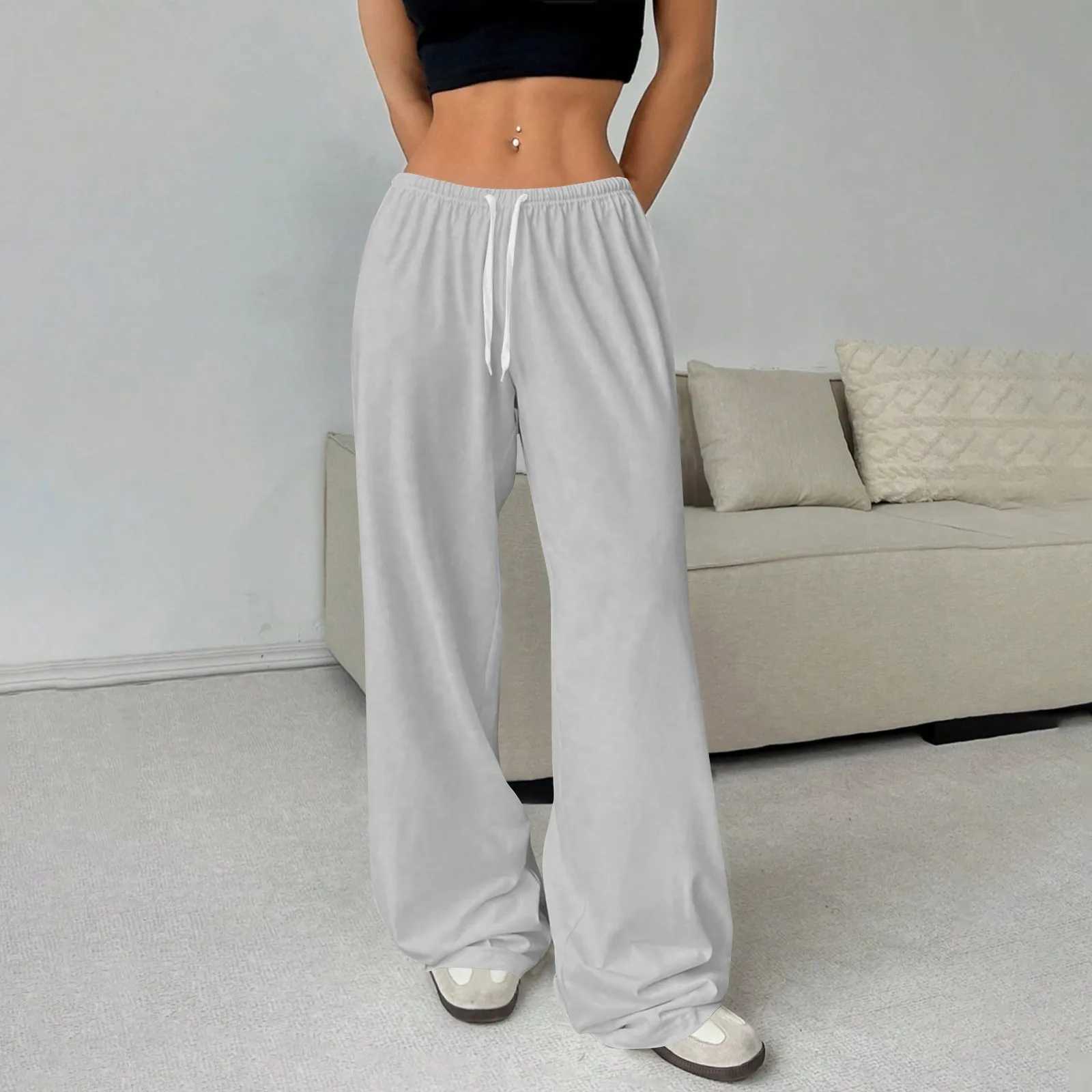 Womens casual pants wide-leg pants fashion casual drawstring trousers straight loose pants solid color sweatpants XJ250616