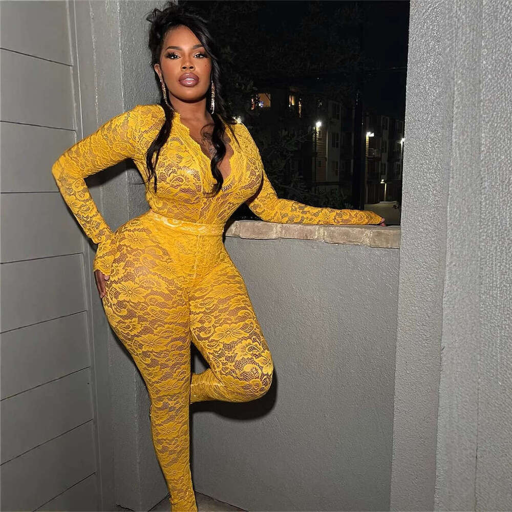 New Fashion Solid Color Slim Fit Sexy Lace Hollow Deep V-Neck Sheer Long Sleeve Top And Pants Set B5