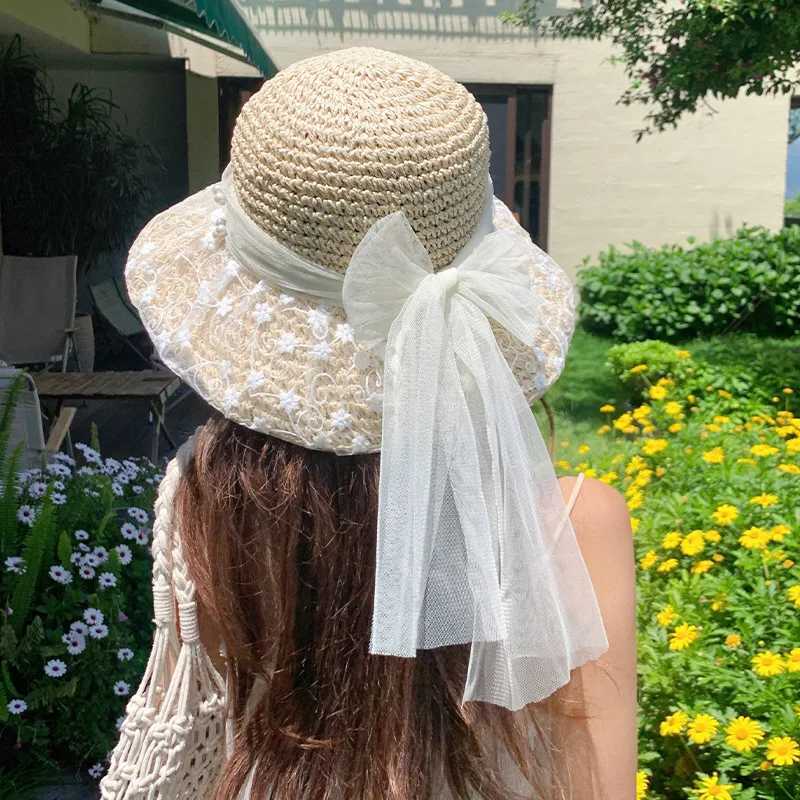 Womens Summer Hat Lace Ribbon Bow Flower Beads Big Brim Sunscreen Bucket Hat Sunshade Beach Accessories New M250616