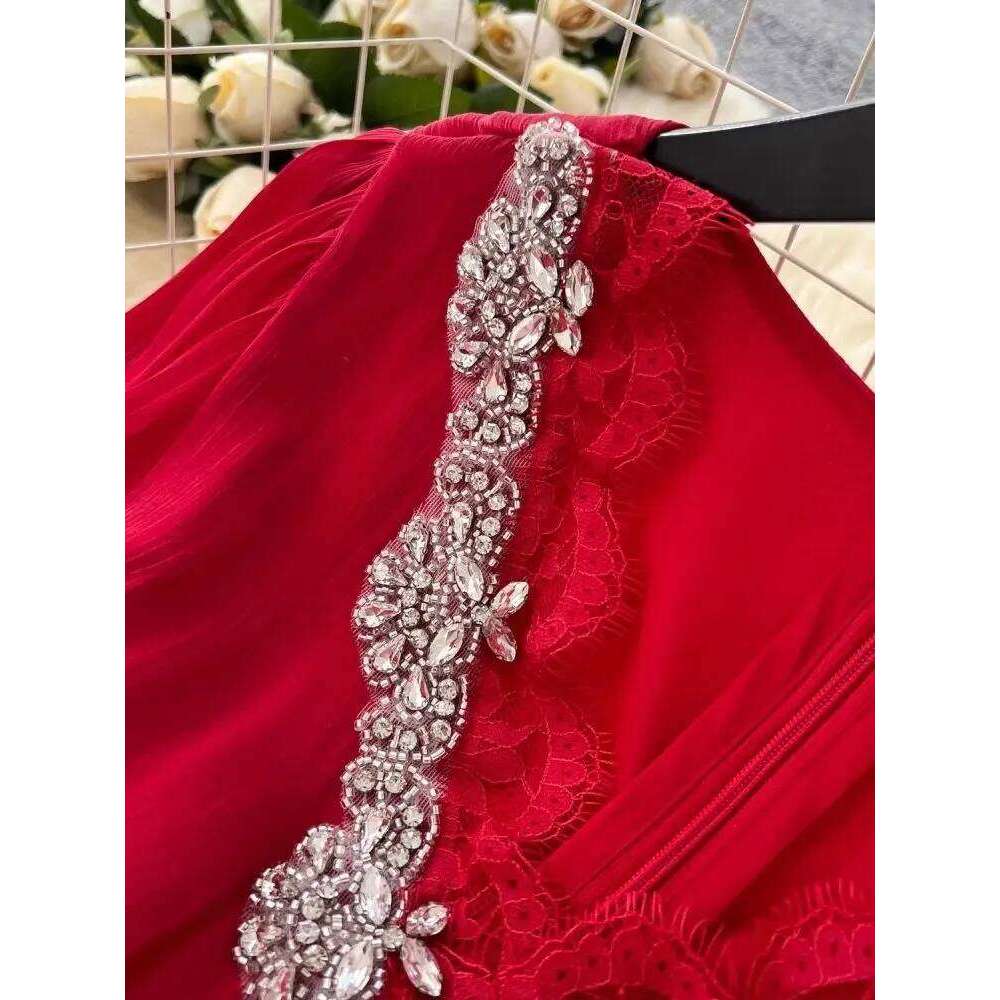 Elegant Dias Beading V Neck Evening Party Dress Women's Long Lantern Sleeve High Waist Gloss Ruffles Pleated Prom Vestidos