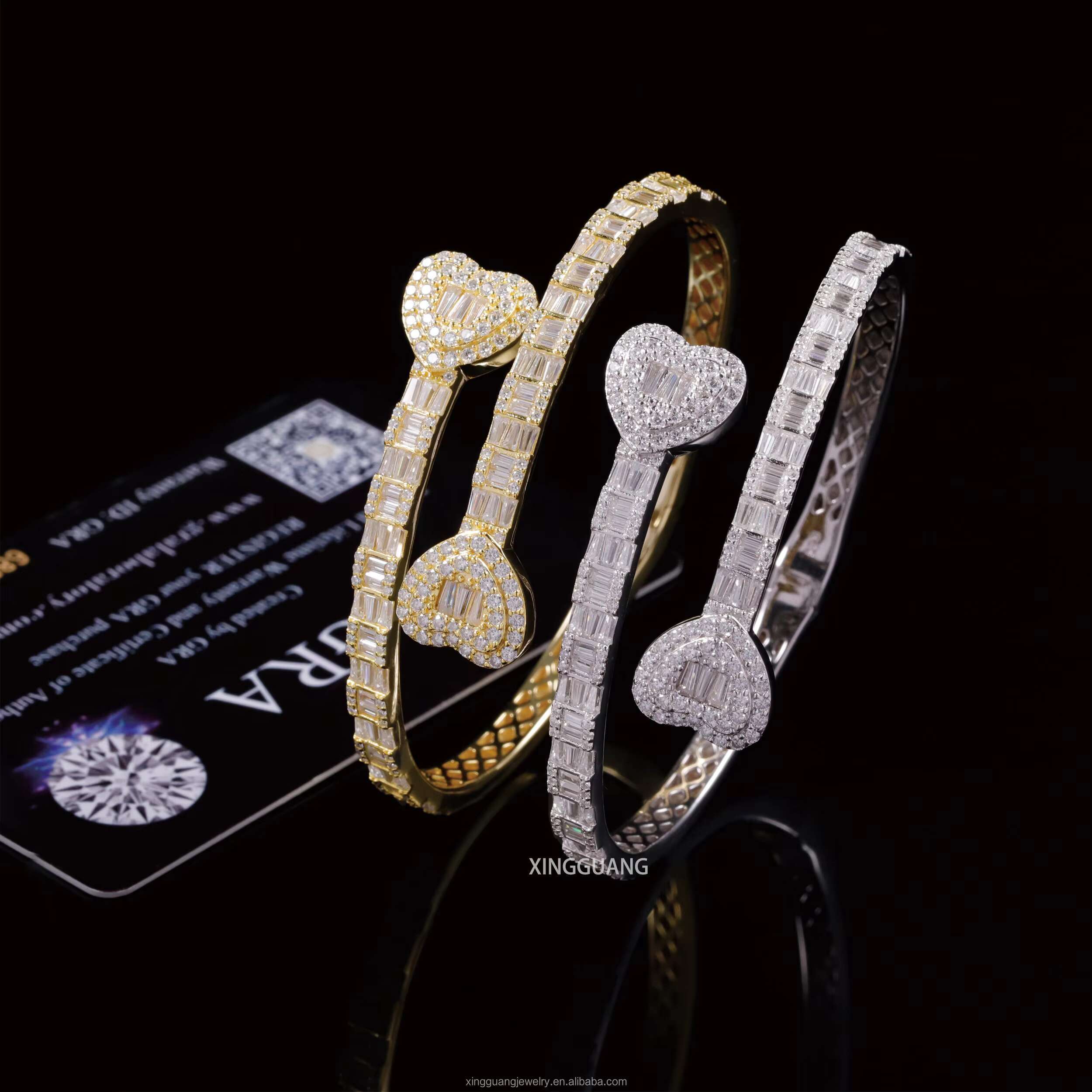 Fashion Women Heart Bangle Baguette Cut VVS Moissanite Diamonds S925 Sterling Silver Open Bangle Unisex Bracelet Jewelry