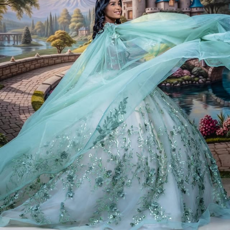 Mint Green Quinceanera Dresses Ball Gown Off The Shoulder Applique Flower Beading Crystal With Cape Tull Sweet 16 Dress Vestidos 15 Anos