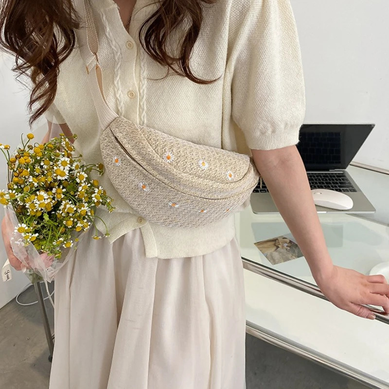 Womens Waist Bag Straw Woven Ladies Shoulder Crossbody Bags for Women 2025 Summer Fanny Pack Fashion Phone Female Chest 250612