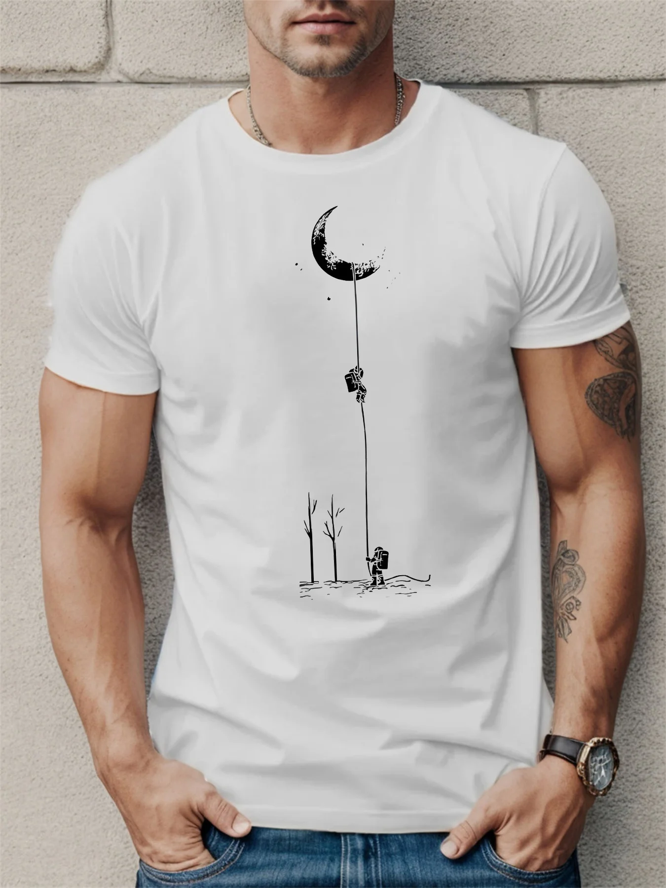 Summer pure cotton casual sports loose moon landing pattern printed comfortable round neck short sleeved T-shirt top