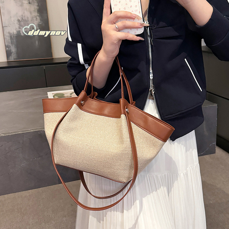 French Style Straw Beach Vacation Casual Chic Versatile Basket Handbag Shoulder Fashion Woven Bag ddmynov ddmynov ddmynov