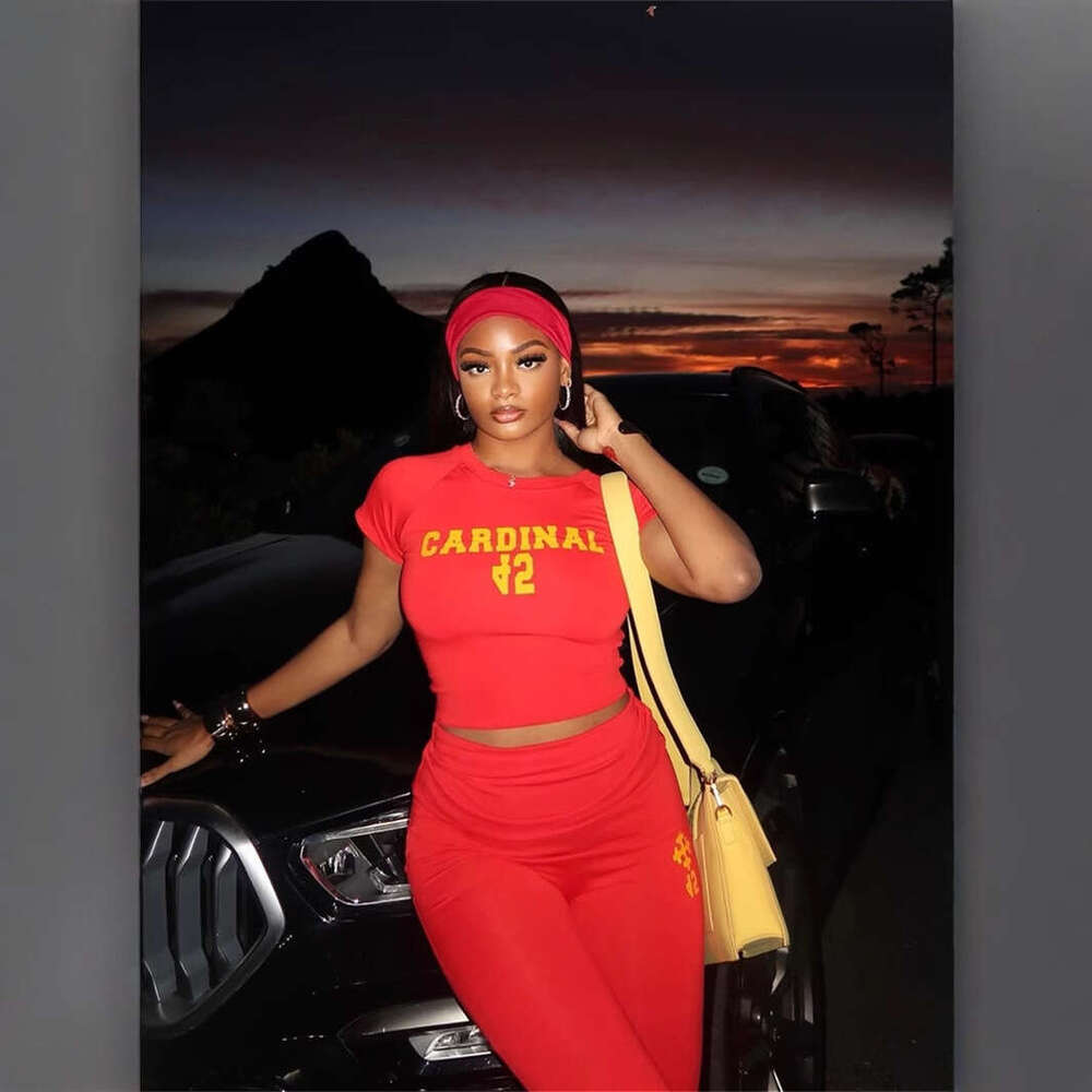 New Sports Style Fashion Printed Slim Fit Sexy Short Sleeve Top And Long Pants Set For Women B5