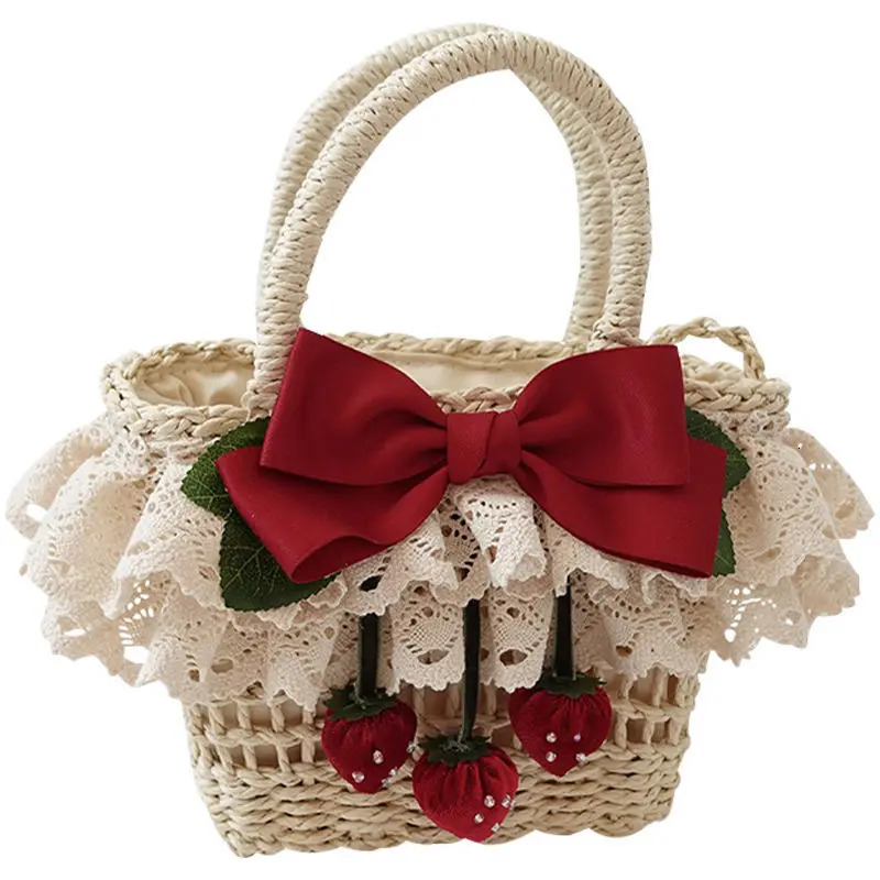 INS Style Children Girls Handbags Summer Beach Bag With Cute Strawberry Bowknot Handmade Woven Bags Kids Small Basket 250615