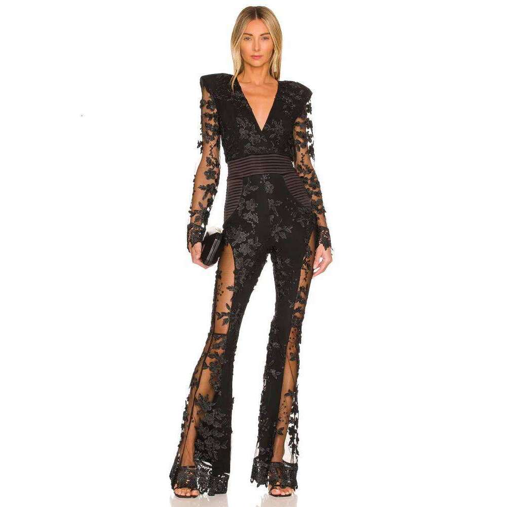 Sexy Deep V Neck Floral Dias Design Women Long Sleeve Lace Patchwork Beaded Wide Leg Jumpsuit Evening Runway