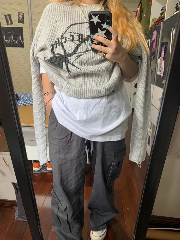 Milang girl Spider Print Harajuku Sweater Women Gothic Vintage Ripped Grunge Jumper Streetwear Korean Oversize Hiphop Pullover 250614