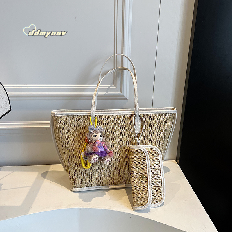 Fashion Color-Block Straw Large Capacity Tote for Women 2025 Spring Simple Versatile Beach Vacation Shoulder Bag Trend ddmynov ddmynov