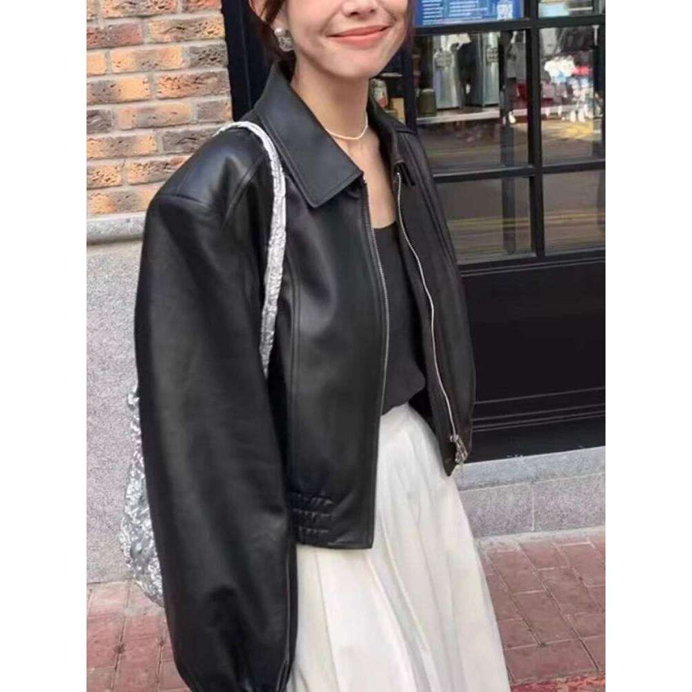 Korean Black Cropped Women Fashion Moto Biker Zipper Jacket Winter High Street Leather Coat Female