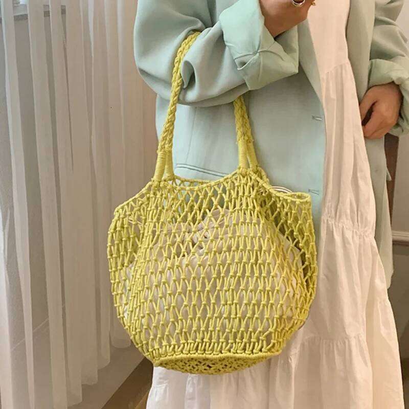 Fashion New Woven Straw Hollow Shoulder Large Capacity Tote Handmade Cotton Linen Net Beach Holiday Bag