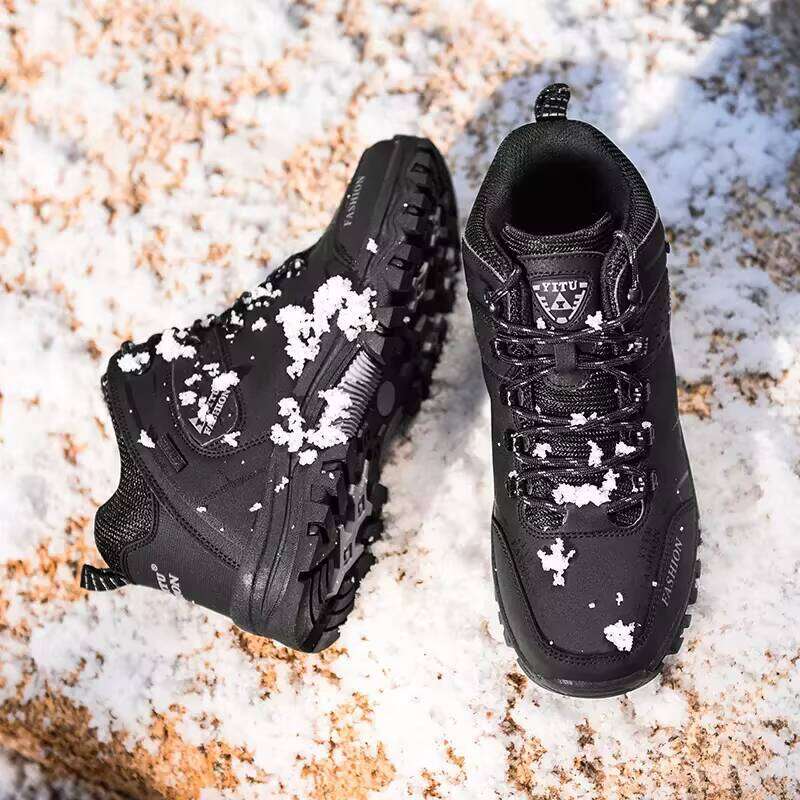 Men's Winter Cotton Shoes with Fleece Lining - Black Slip Resistant Waterproof Work Boots