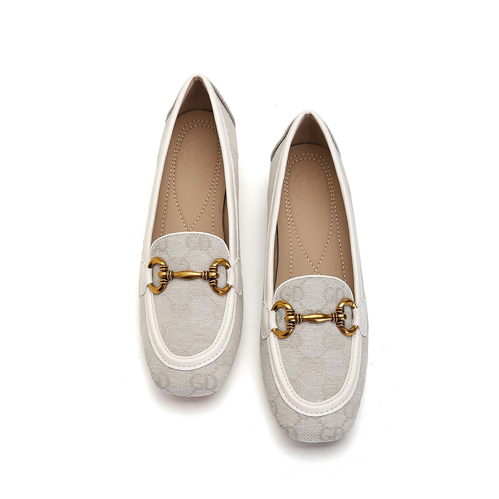New Style Gold Button Embroidered Elegant Dress Shoes Party Versatile Fashion Letter Printed Low Heel Shoes Black Brown White
