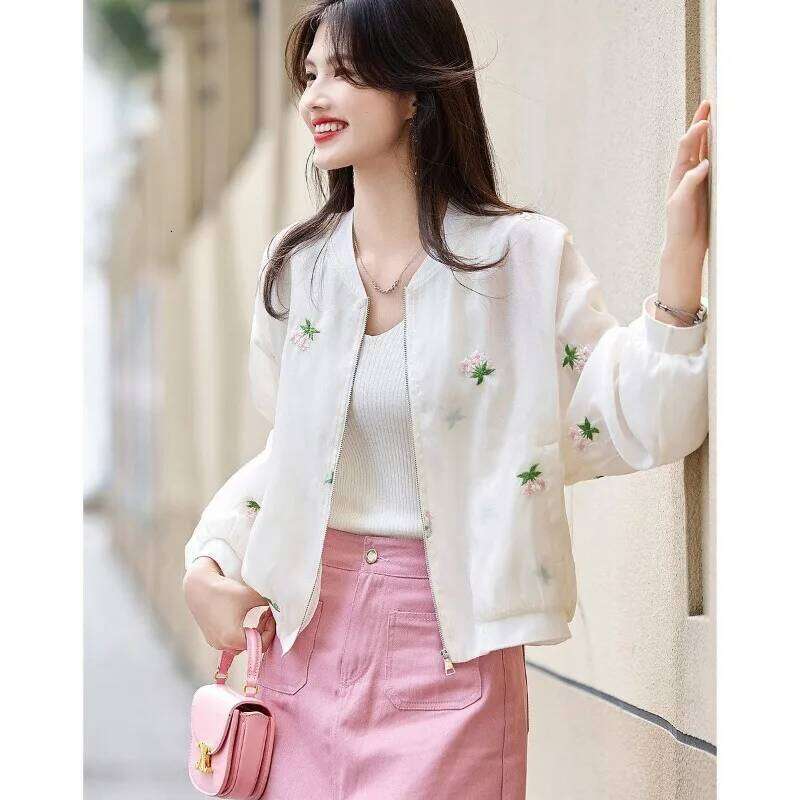 Women Spring Summer Korean Fashion Embroidered Solid Color Stand-Up Collar Coat Ladies Simplicity All-Match Office Lady Tops