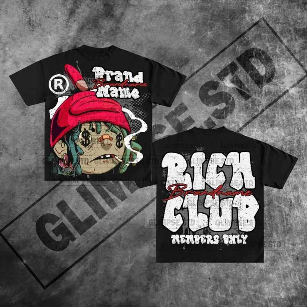 Rich American Club Graphic Harajuku Gothic Oversized T-Shirt for Women and Men Y2K Short Sleeve