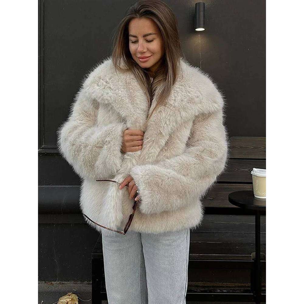 Vintage Large Lapel Faux Fur Coats Women Casual Plush Solid Hidden Button Coat Female Winter Thick Warm Chic Street Outwear