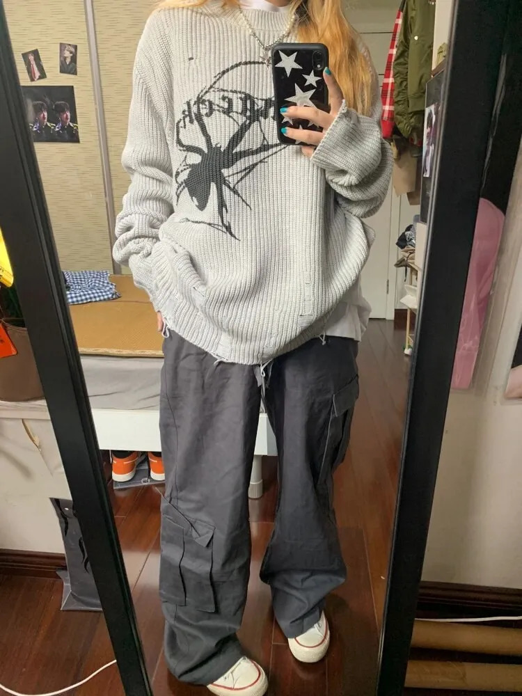 Milang girl Spider Print Harajuku Sweater Women Gothic Vintage Ripped Grunge Jumper Streetwear Korean Oversize Hiphop Pullover 250614