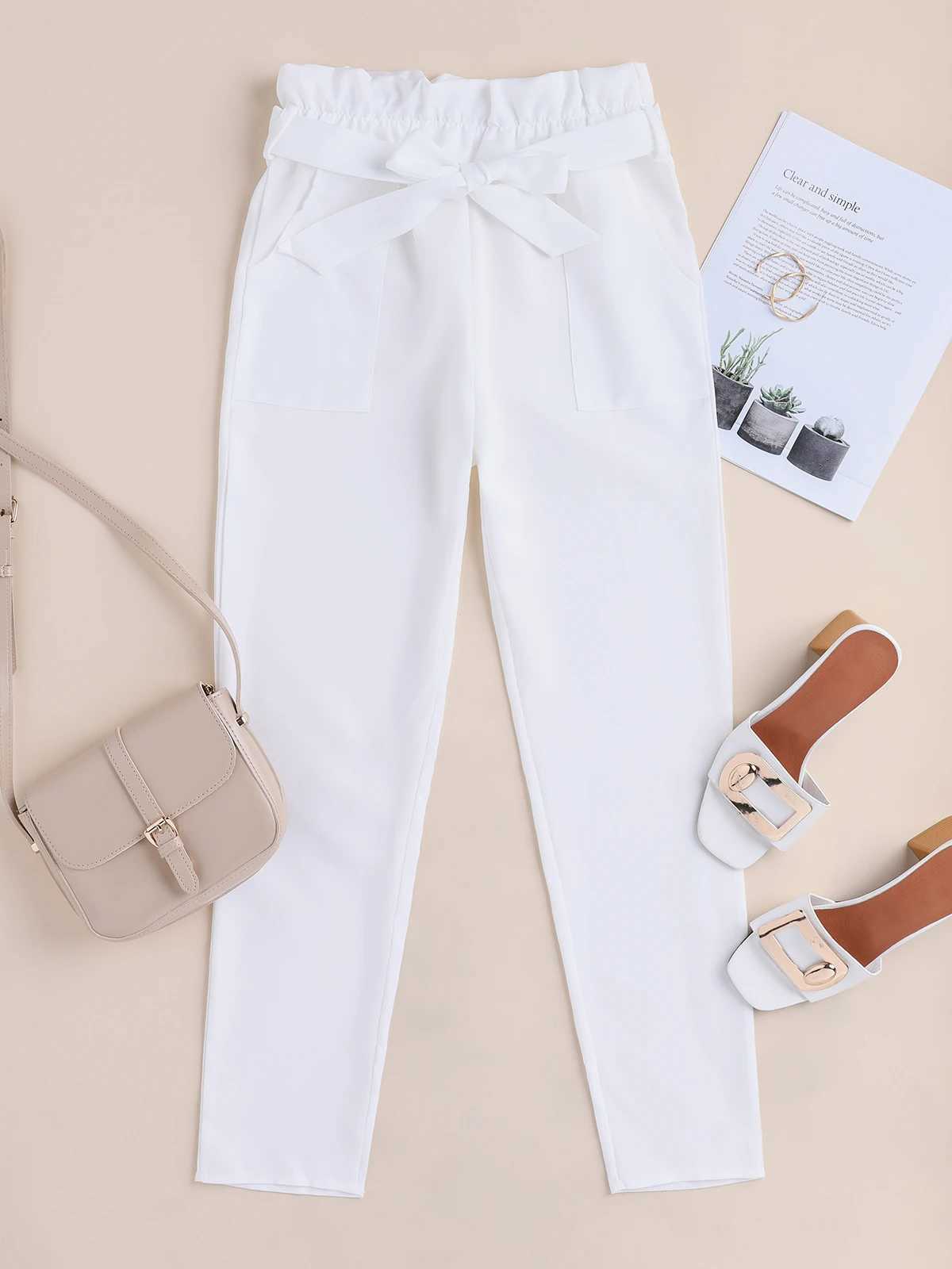 New Fashion Women Four Season High Waisted Belt Casual Cropped Pants Pencil Pants With Small Feet Womens PantsXJ250616