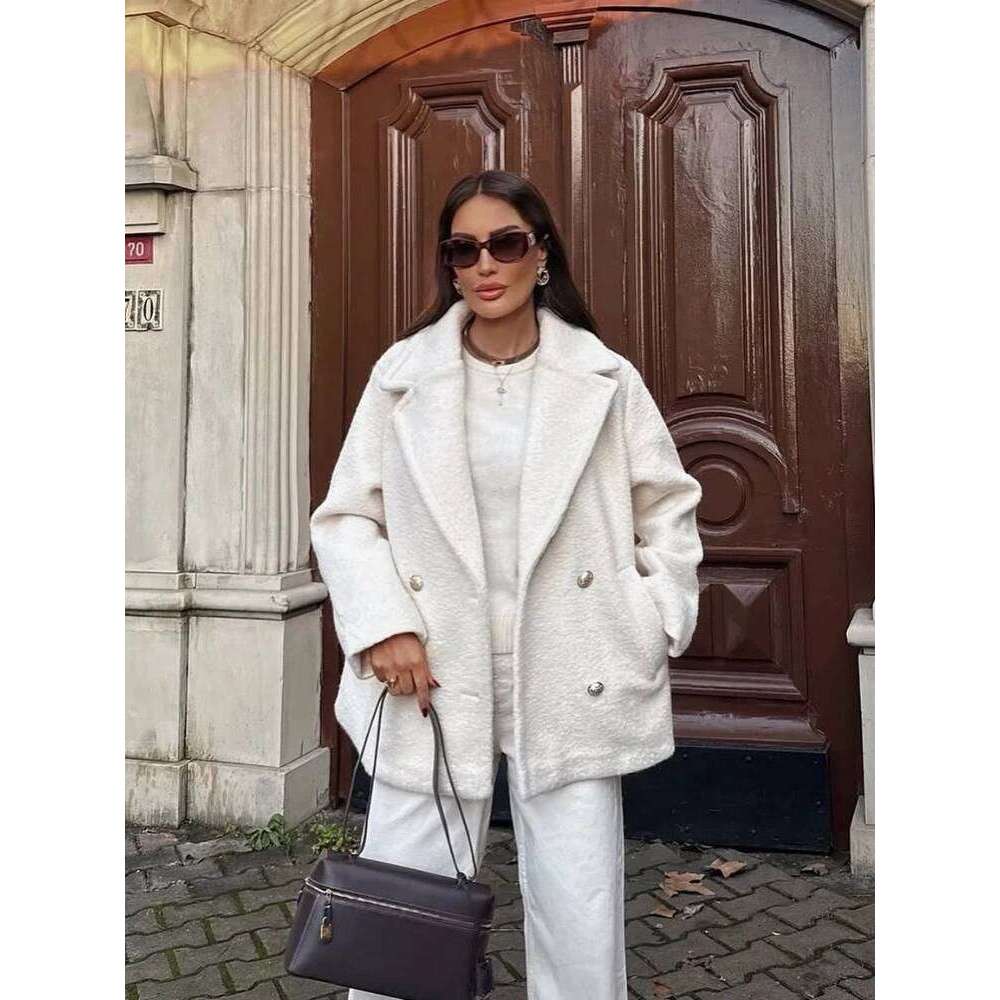 ZBZA Woman's Semilong Lapel Collar Long Sleeves Double Breasted Boucle Half-Length Coat Spring Female Chic Outerwear