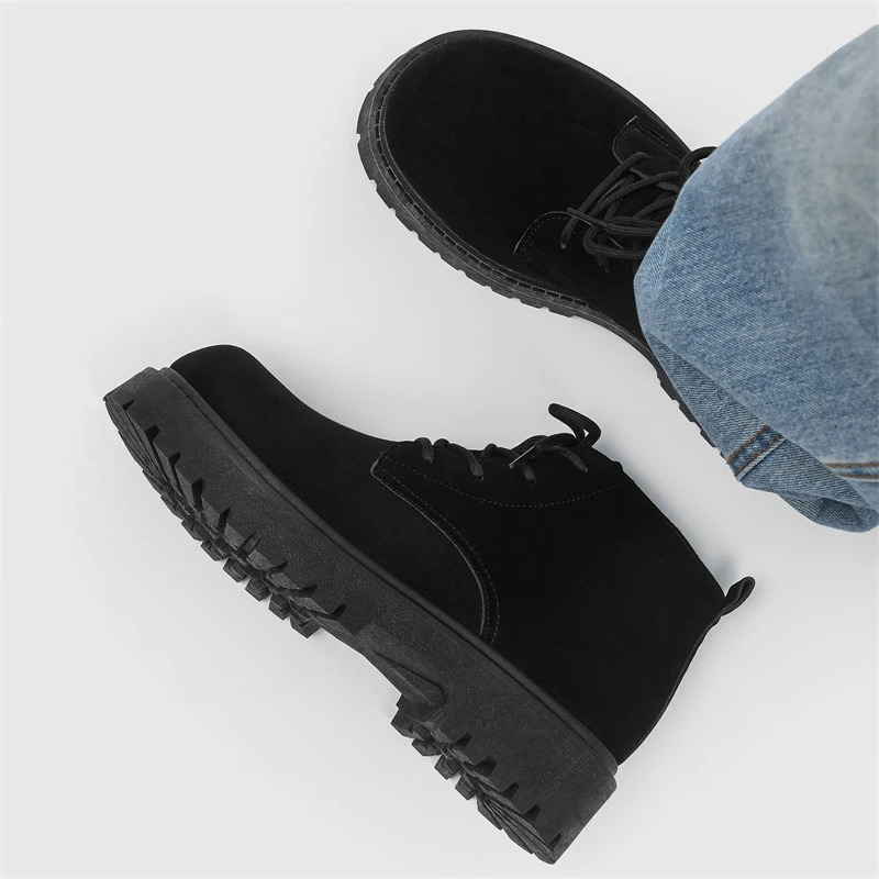 2025 Men Big Size High Quality Square Heels Platform Punk Toe Derby Boot Laceup Ankle Boots Shoes 250612