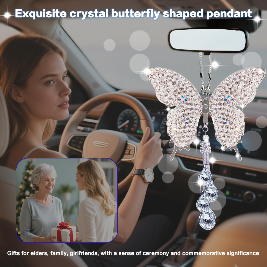 Fashion shiny diamond butterfly gemstone car pendant sequin butterfly rear view mirror decoration charm girls new car birthday graduation souvenir gif