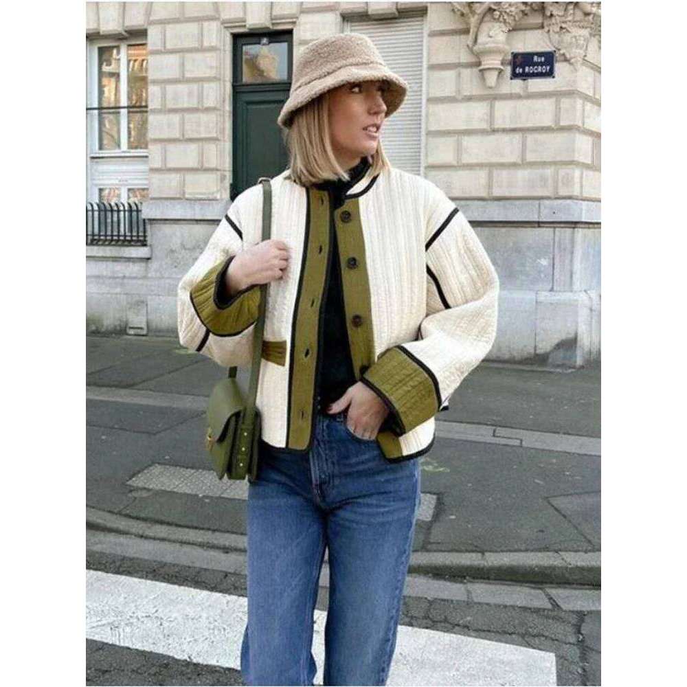 TARUXY Fashion Contrast Cotton Coat Women Single Breasted Splice Quilted Thermal Jacket Pocket Autumn Lady Casual Outwear