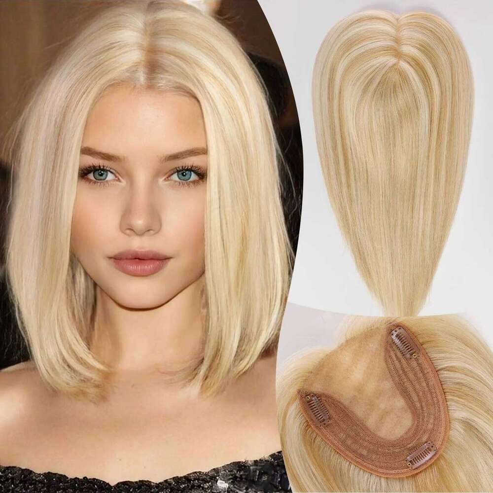 Blonde Highlight 14 inch Human Toppers No Bangs 3Clips Silk Big Base Cover in Topper for Women Loss Hair