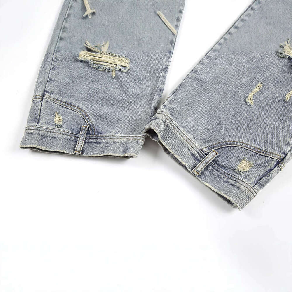 25FW High Street Washed Reverse Wear Ripped Jeans Loose Light Blue Straight Pants Trend
