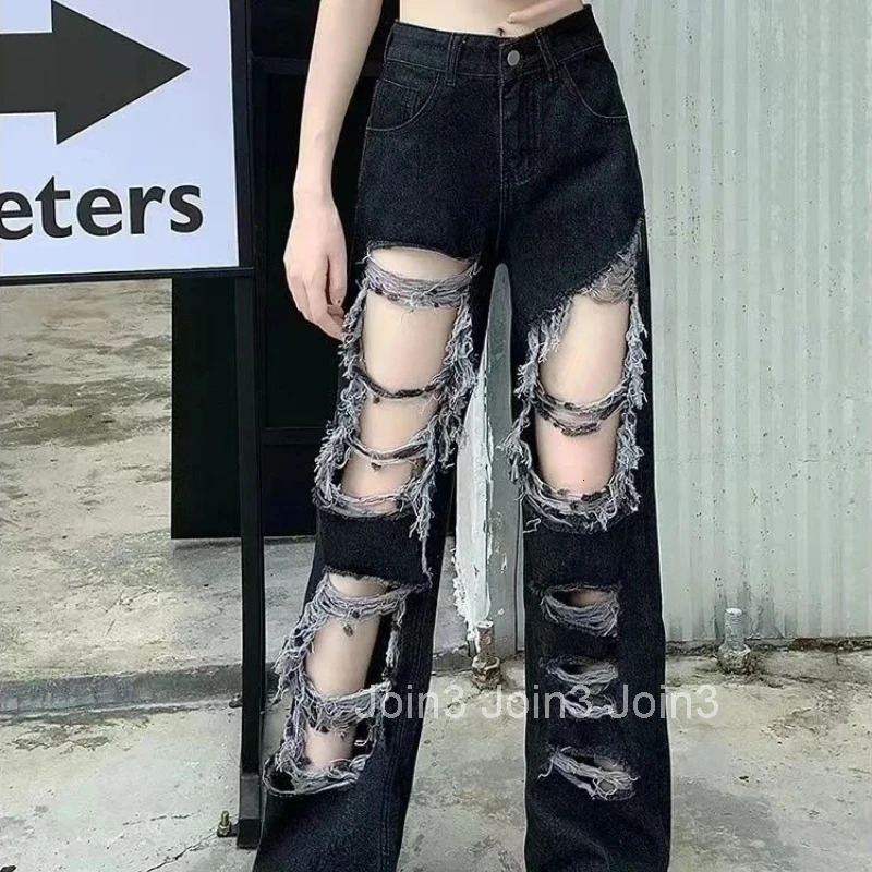 Wide Leg Womens Ripped Jeans With Holes Trousers High Waist Shot Stretched Cool Cowboy Pants for Woman Hippie Z Luxury Designer