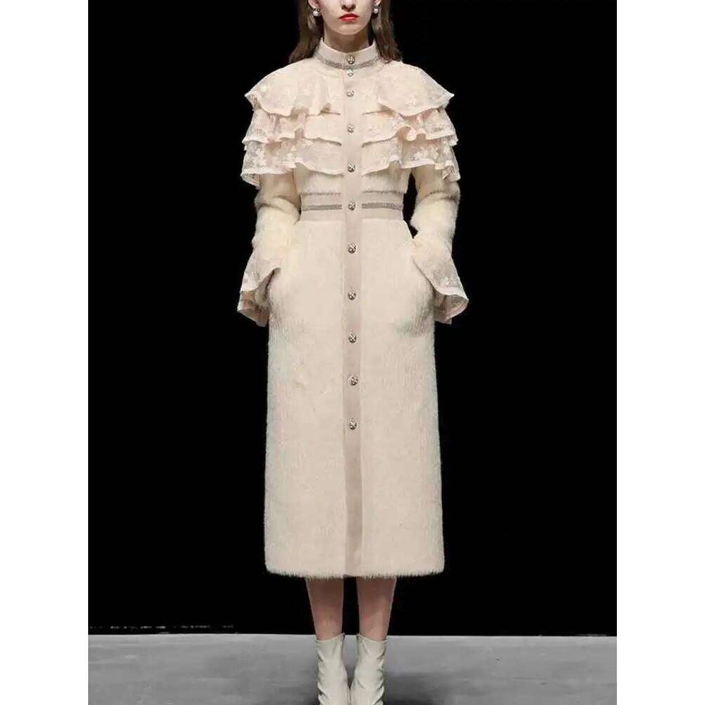 IEQJ Elegant Mink Fur Woolen Long OverCoat Lace Ruffle Slim Flare Sleeve Party Coat 2025 Winter Clothes Women New 3WQ1403