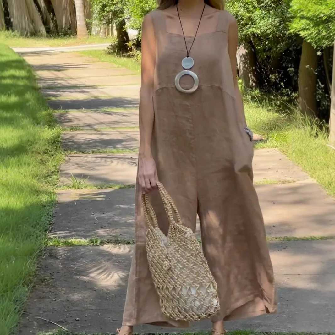 Summer Cotton Linen Oversize Jumpsuits Women Overalls Square Collar Sveless Loose Overalls Fe Casual Trendy Lady ClothesXJ250616