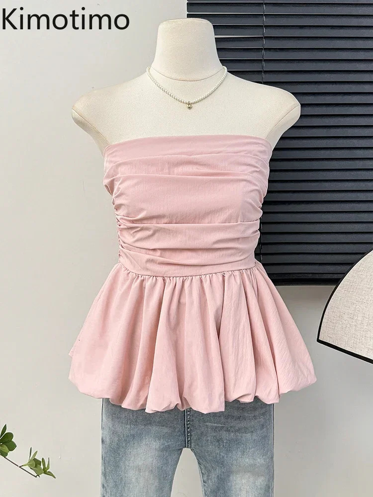Kimotimo French One Shoulder Pleated Slim Tube Top Women Sexy Waist Ruffled Sleeveless Vests Summer Y2k Solid All Match Tanks 250614