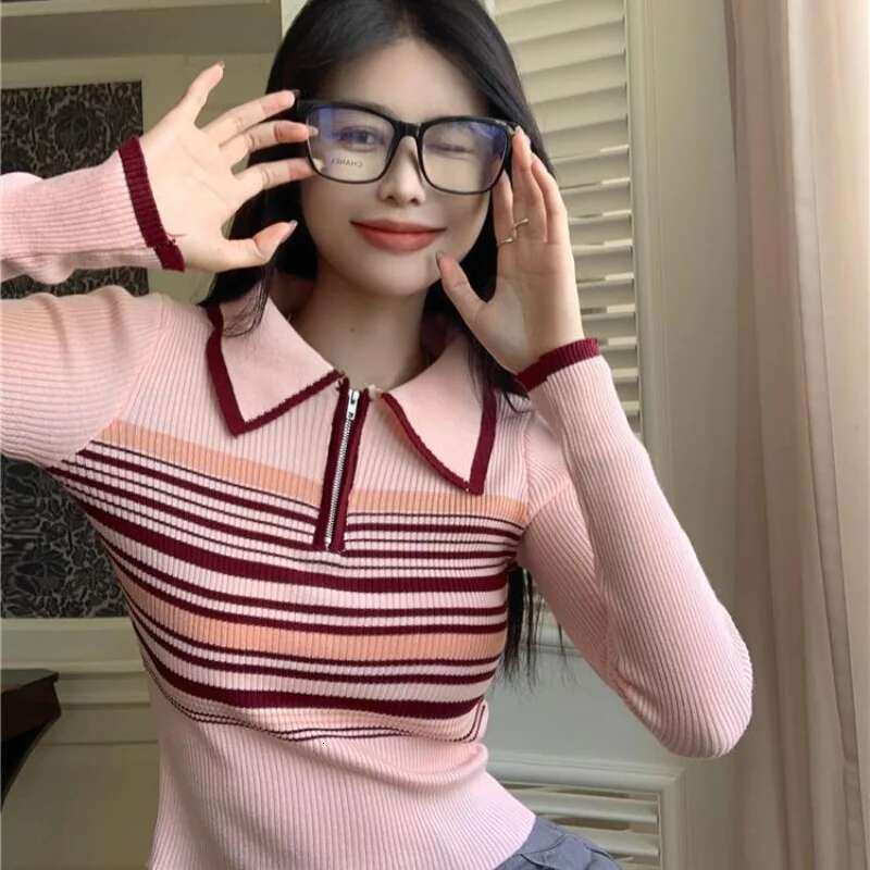 Clothing Long Sleeve Striped T-shirt Woman Knit Luxury Sale Aesthetic V Summer 2025 Tops New Cute Polo Neck Shirts for Women Hot