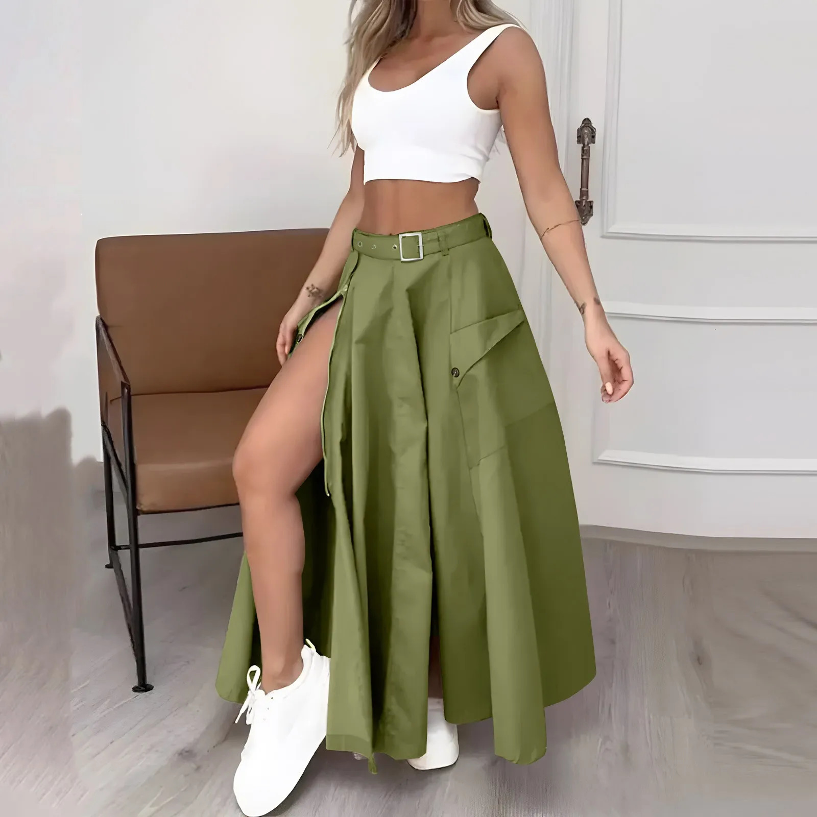 Women Striped Two Pieces Vest Tops Skirt Set Knit Solid Color V Neck Sleeveless Crop Tank Side Split Midi Skirts Sets 250609
