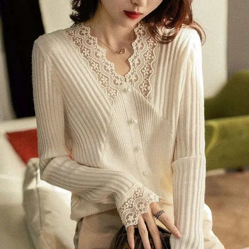 Lace Sweaters for Women Fashion Korean Womens Sweater Trend Long Sleeve Jumper Knitted Harajuku Clothes Crochet Tops Black 250614
