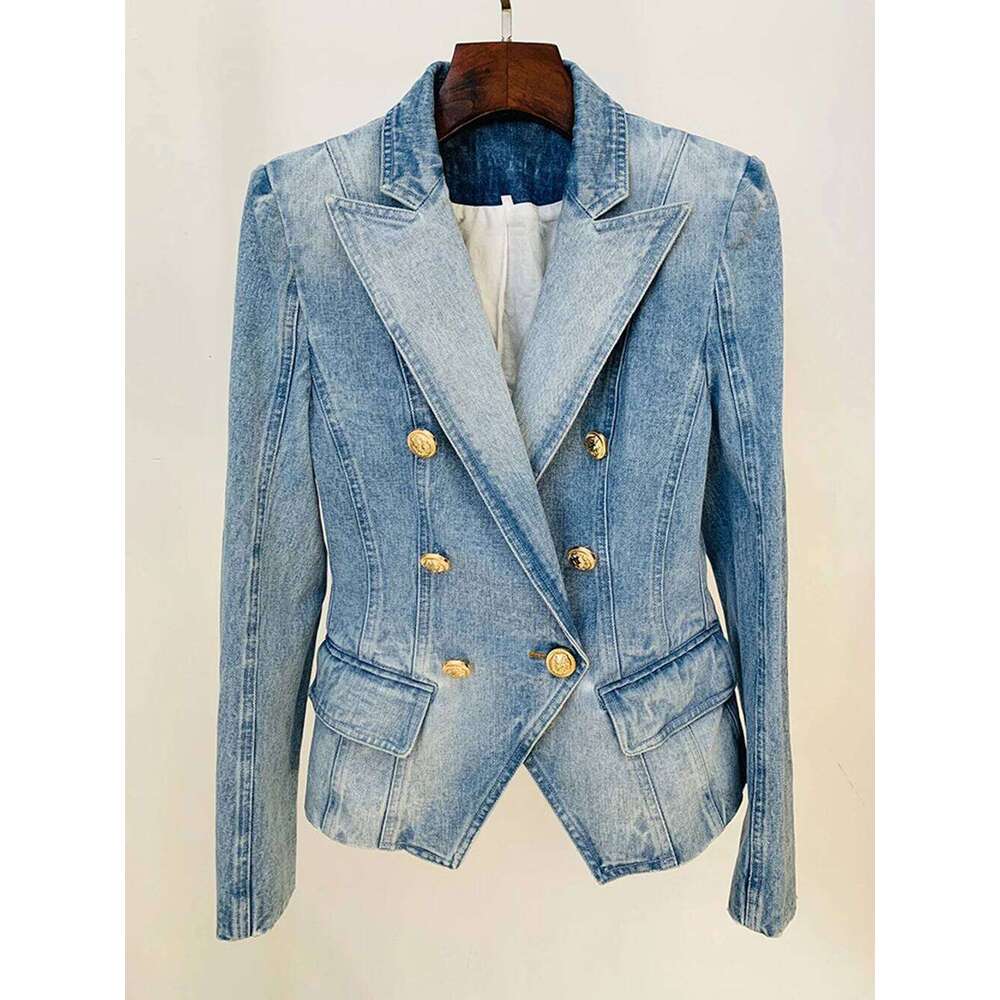 New Fashion 2025 Designer Slim Jacket Women's Metal Lion Buttons Double Breasted Denim Blazer Outer Coat Female