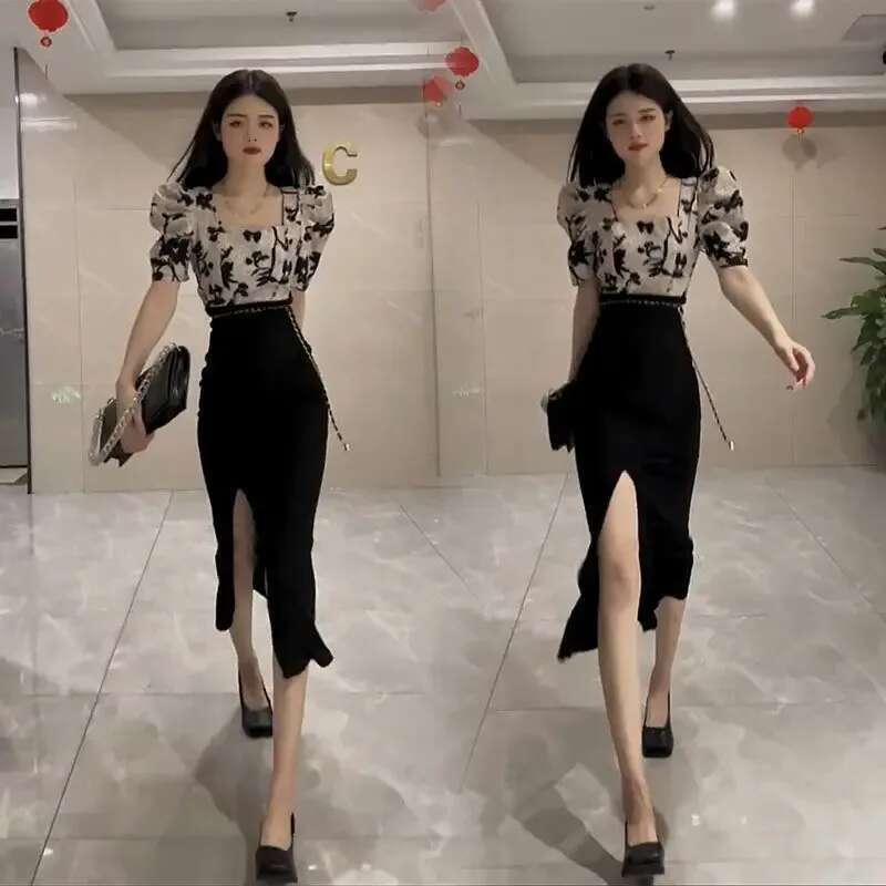 2 Pieces Sets for Women Slit Short Sleeve Suits Skirt Sexy Woman Outfit Y2k Clothes Top and Bottom New Matching Summer 2024 Full