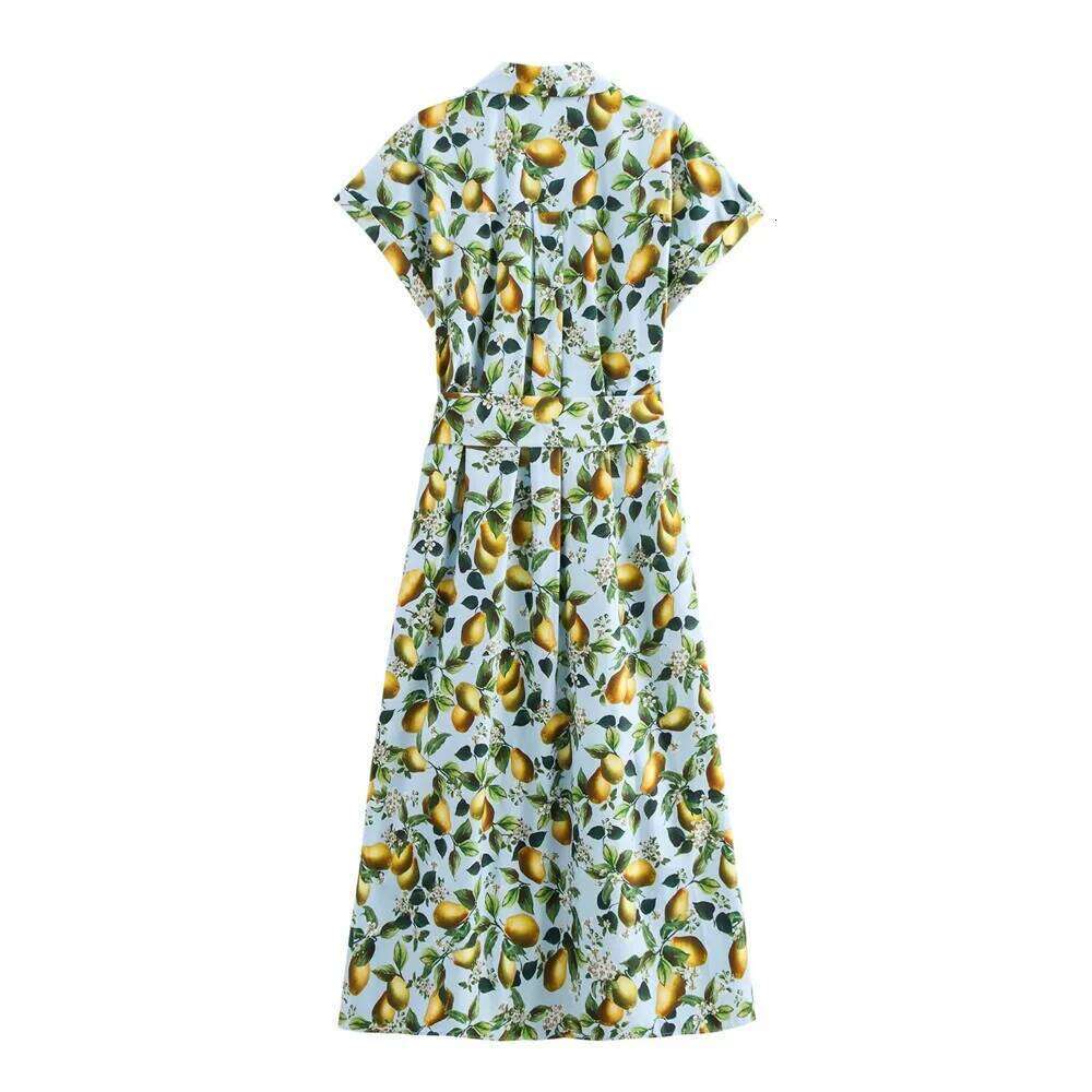 2025 Autumn New Product Women's Fashion Casual Collar Short Sleeve With Belt Fruit Printed Dress