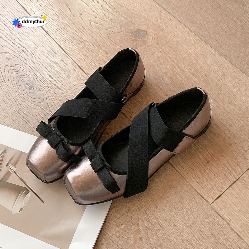 Genuine Leather Ballet for Women 2025 Spring Summer Cross Strap British Style Square Toe Bowknot Mary Jane Single Shoes ddmythur