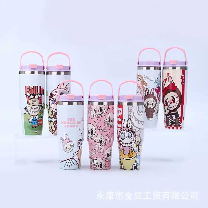 Kawaii Labubu Straw Cup Anime Portable Car Cup Cute 30oz Water Bottle Wholesale Cartoon Large Capacity Portable Car in Girl Gift XJ250616