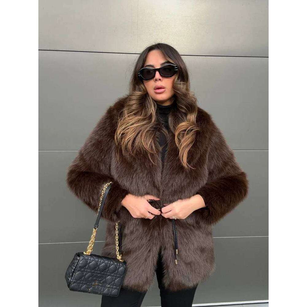Vintage Women's Winter Jacket Fluffy Turn-down Collar Female Faux Fur Coat With Belt Loose Full Sleeve Ladies Outerwears
