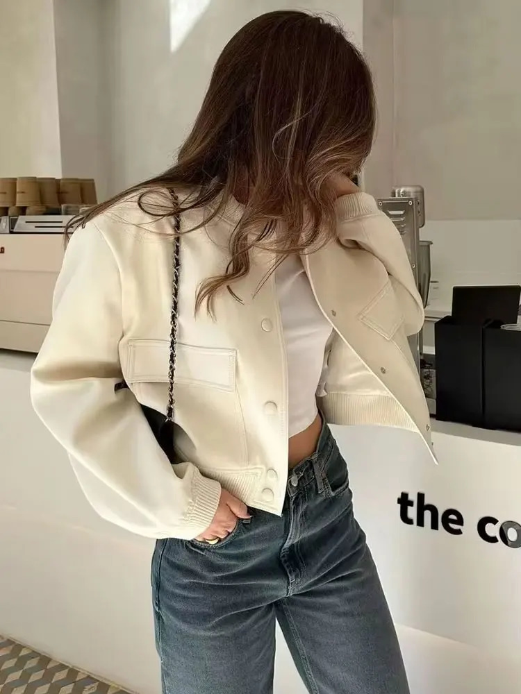 TRZA Women Fashion With Pockets Bomber Jacket Coats Vintage Long Sleeve Front Button Casual Female Outerwear Chic Tops 250614