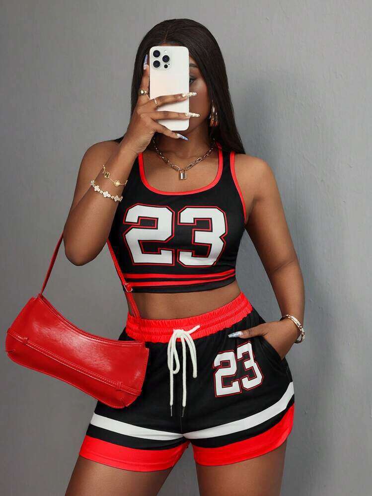 New Fashion Color-Block Print Slim Fit Sexy Sports Vest Short Top With Tie Shorts Set B5