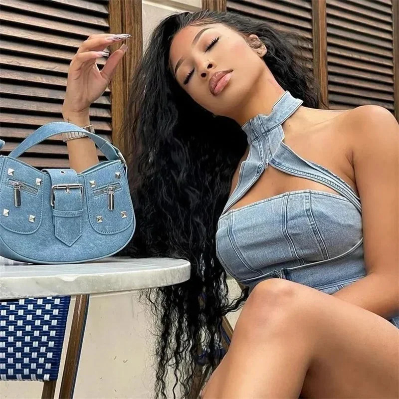 Sexy Denim Two Piece Set Women Y2K Clothes Zipper Halter Hollow Out Backless Crop Top and Mini Skirt Club Party Matching Sets 250614