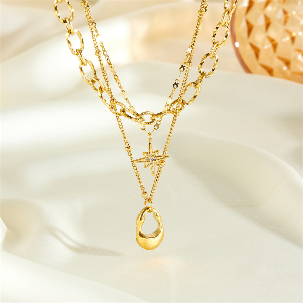 Light Fashion Personality Dia-Studded Eight-Pointed Star Irregular Layered Necklace for Women Titanium Steel Non-Fading Jewelry